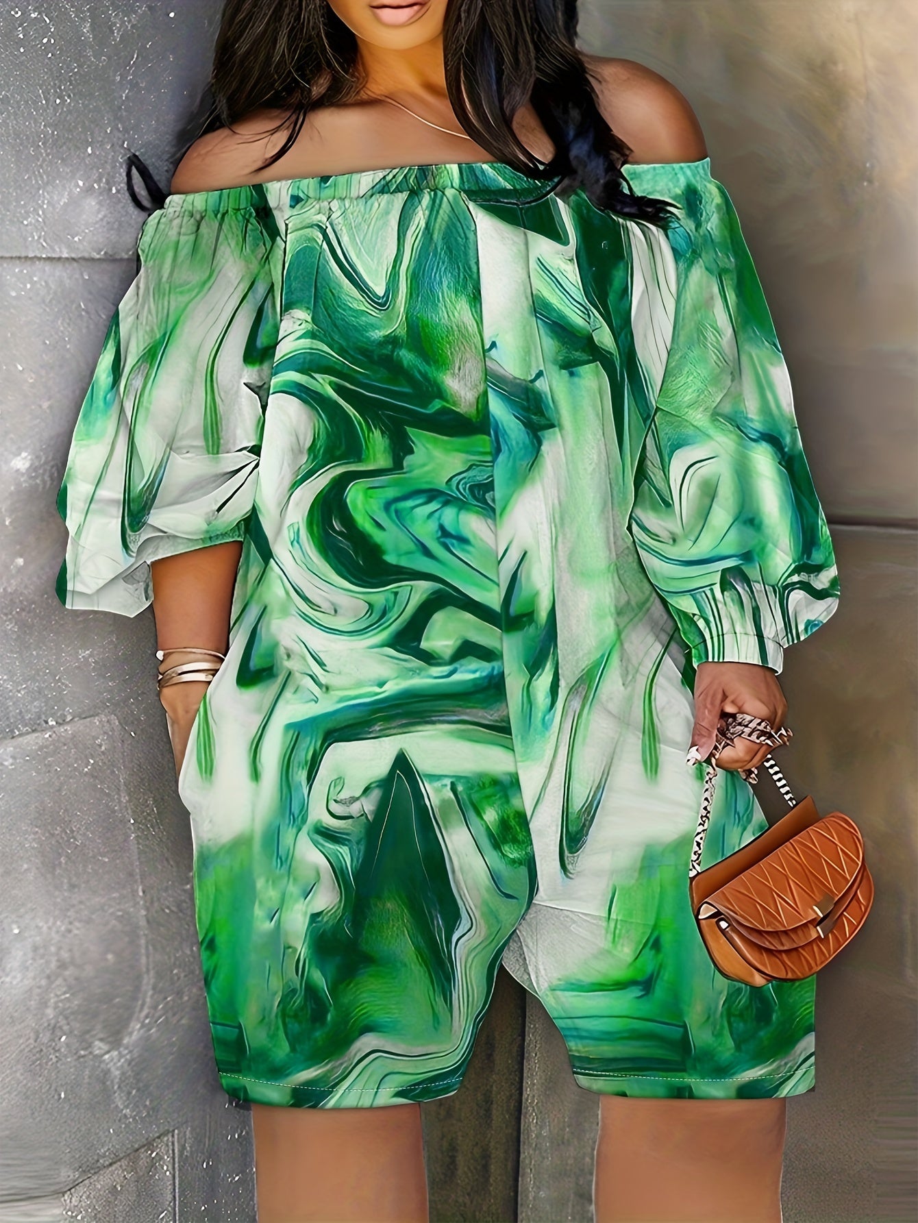 Marble Print Off Shoulder Long Sleeve Jumpsuit with Pockets