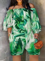 Marble Print Off Shoulder Long Sleeve Jumpsuit with Pockets