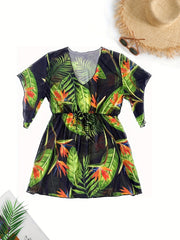 Tropical Print Bell Sleeve V Neck Cover Up