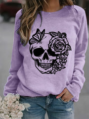 Rose Skull Print Loose Sweatshirt Casual Long Sleeve Crew Neck Women's Clothing