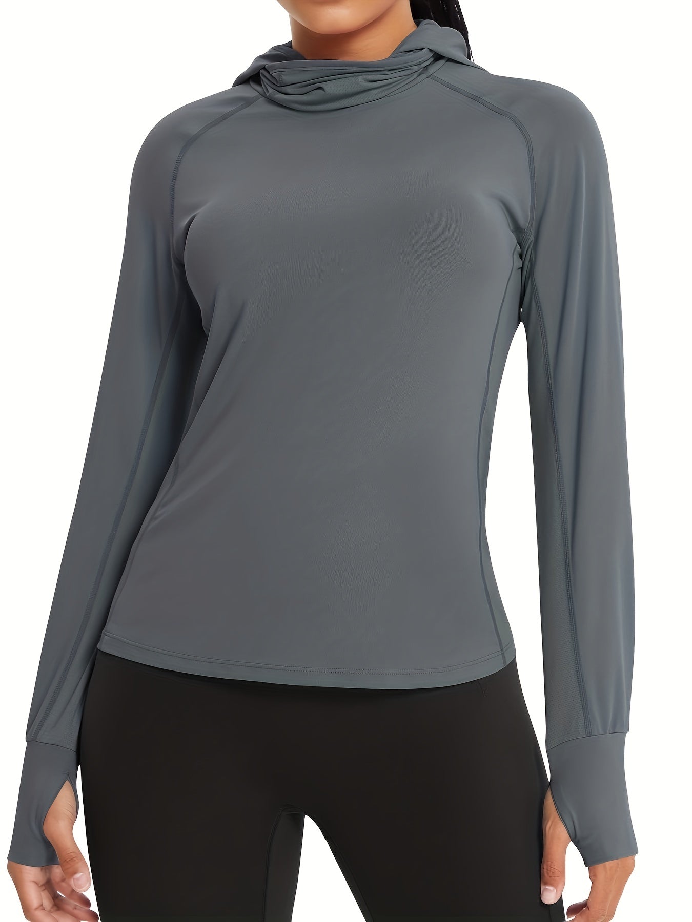 Grey Long Sleeve Loose Hooded Tops Tshirts For Outdoor Sports Running Hiking