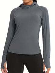 Grey Long Sleeve Loose Hooded Tops Tshirts For Outdoor Sports Running Hiking