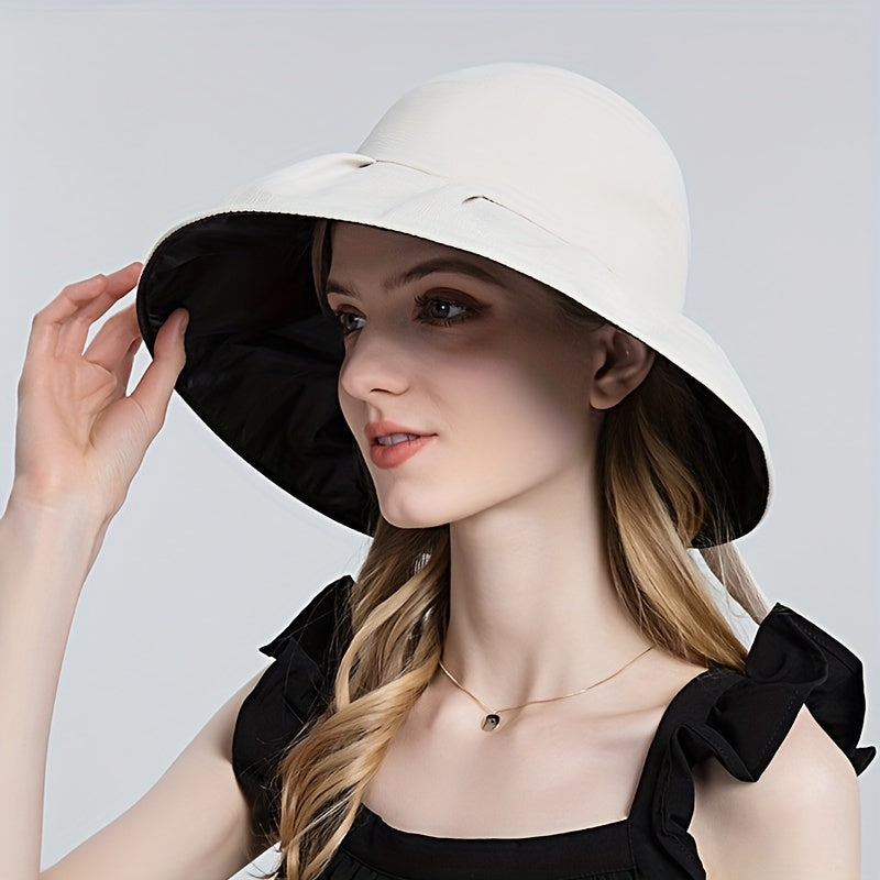 Bowknot Pleated Bucket Hat Wide Brim Sunscreen Beach Hat For Women