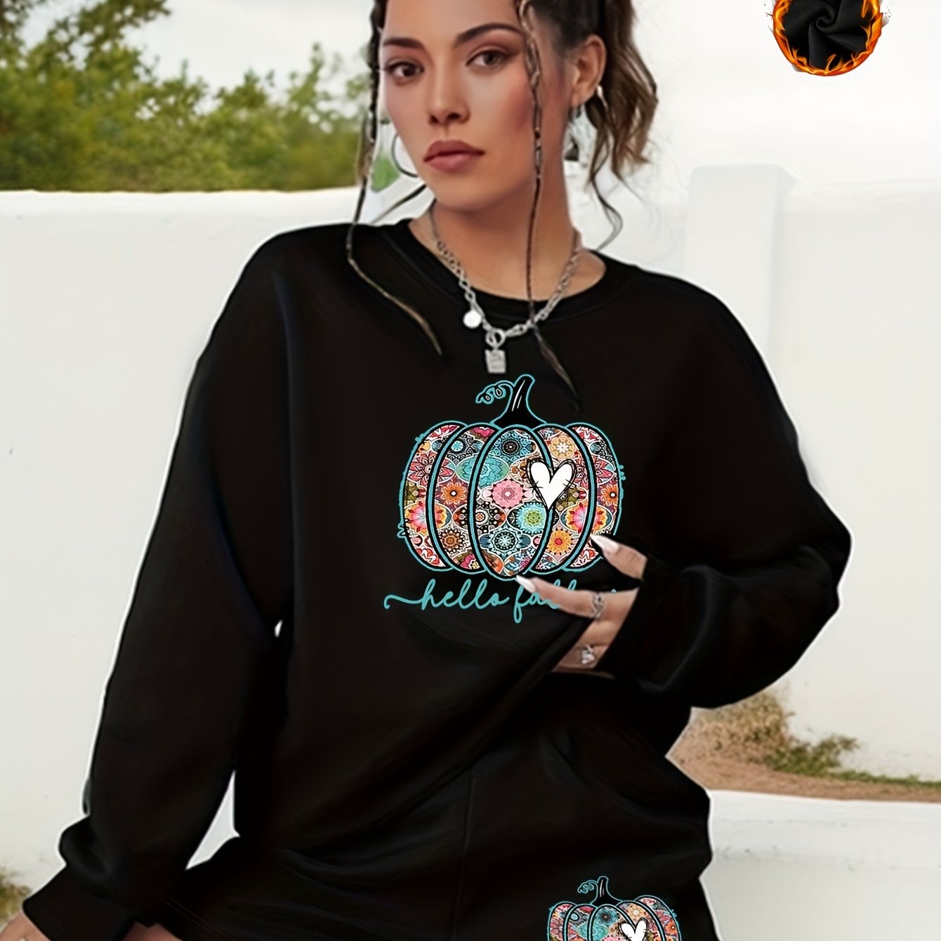 Women's Plus Pumpkin Sweatshirt & Shorts Halloween Set
