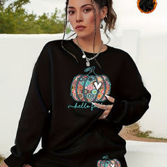 Women's Plus Pumpkin Sweatshirt & Shorts Halloween Set