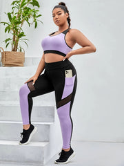 Colorblock Cut Out Crop Tank & Mesh Yoga Leggings Set