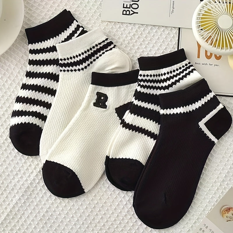 5 Pairs Striped Letter Print Low Cut Ankle Socks Women's Stockings