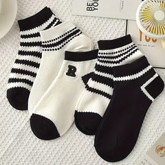 5 Pairs Striped Letter Print Low Cut Ankle Socks Women's Stockings