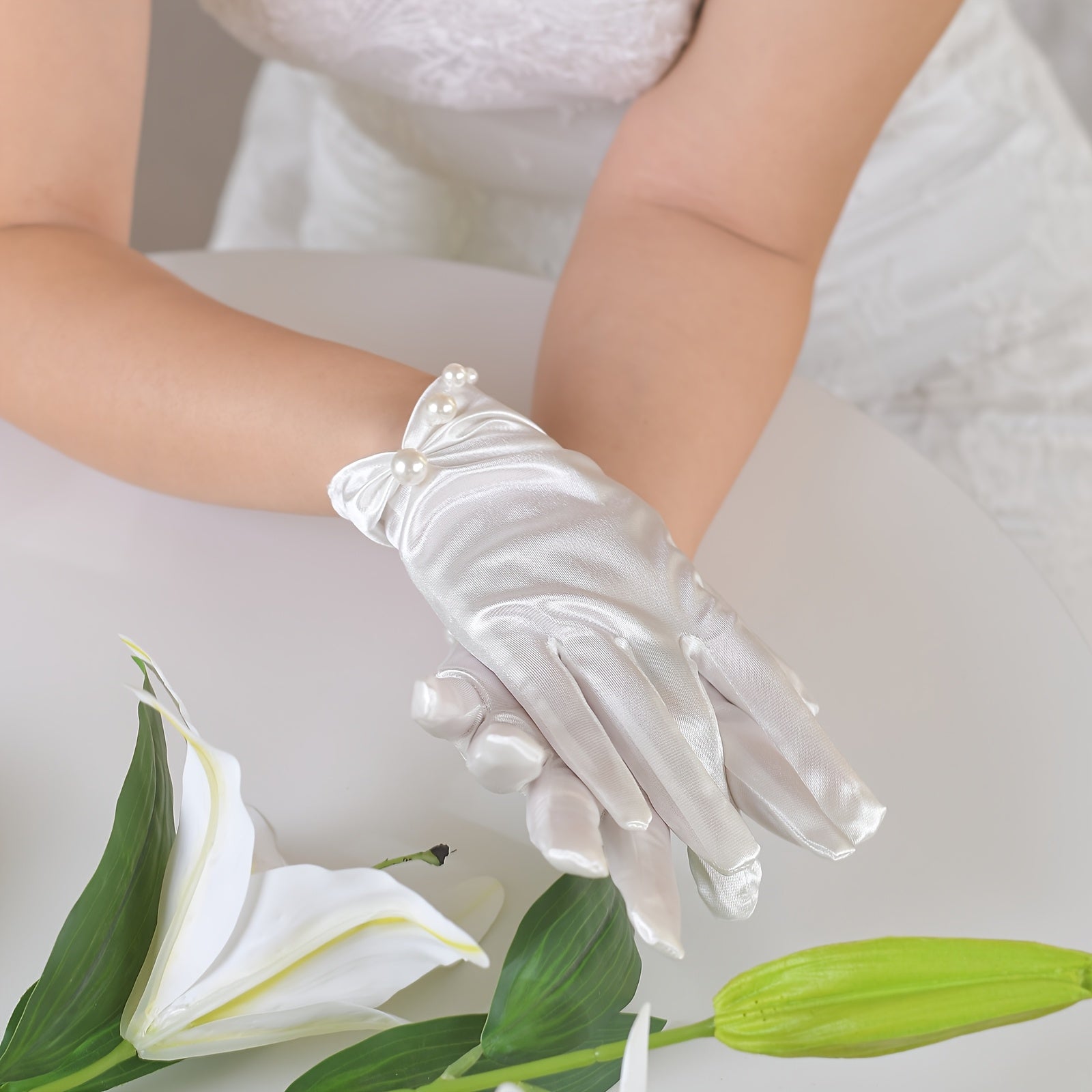 Satin Bride Gloves with Pearl Trim for Weddings