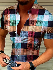 Men's Plaid Print Short Sleejsons Closure Summer Hawaii Shirt