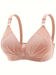 Plus Size Leaf Print Lace Applique Wireless Bra