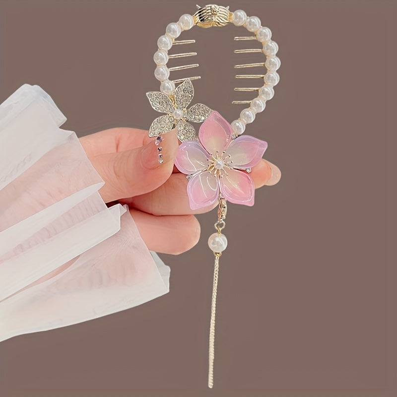 Girl's Flower Tassel Pearl Ponytail Buckle Hair Clip