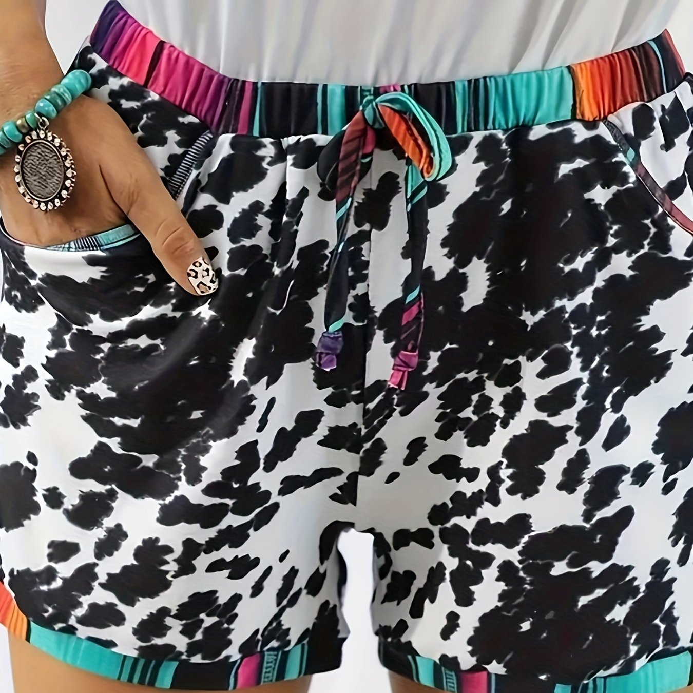 Casual Shorts Women's Plus Cow Print Contrast Ombre Trim Medium Stretc