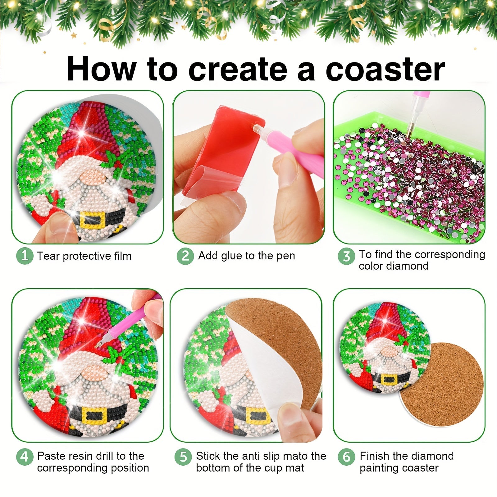 8Pcs Christmas Gnome Diamond Art Coaster Kits With Holder