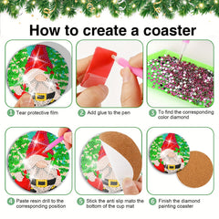 8Pcs Christmas Gnome Diamond Art Coaster Kits With Holder