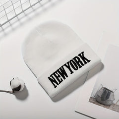 YORK Embroidery Beanie Unisex Solid Couple Knit Hat Casual Warm