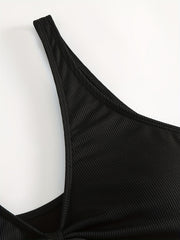 Ribbed Knit Bow Front V Neck Bikini Top