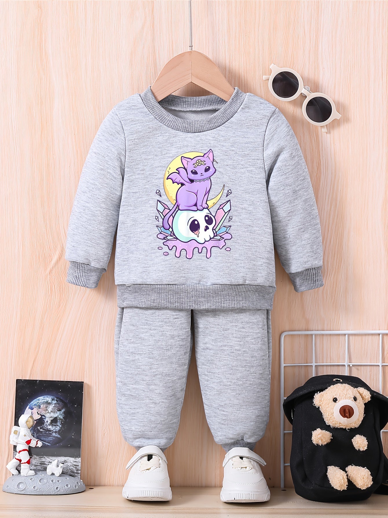 Baby Halloween Outfit Kitten & Moon Graphic Sweatshirt Pants Set