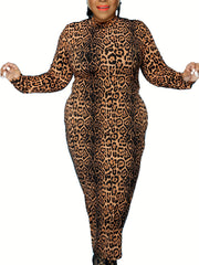 Women's Plus Leopard Print Long Sleeve Mock Neck Maxi Dress