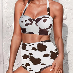 Cow Print Push Up Halter Bikini Set