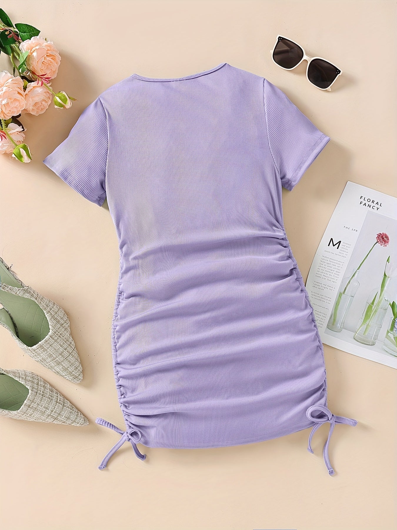 Girls' Drawstring Side Ruched Casual Dress Slim Fit Short Sleeve