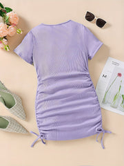 Girls' Drawstring Side Ruched Casual Dress Slim Fit Short Sleeve