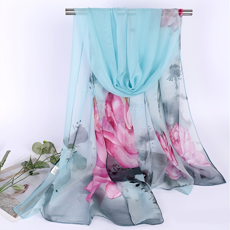 Chiffon Ink Lotus Print Thin Headwrap Large Shawl Summer Beach Towel