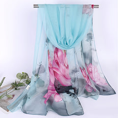 Chiffon Ink Lotus Print Thin Headwrap Large Shawl Summer Beach Towel