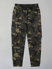 Boys Solid & Camo Style Cargo Pants With Pocket
