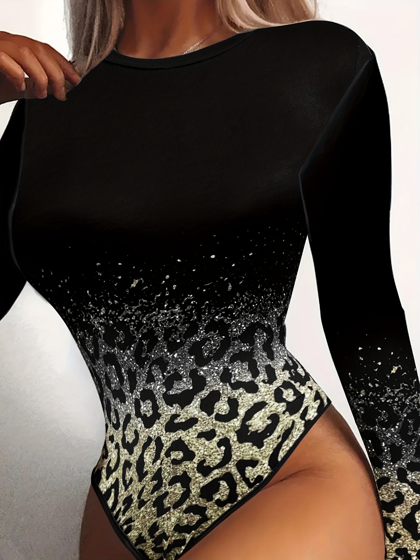Leopard Print Long Sleeve Crew Neck Bodysuit