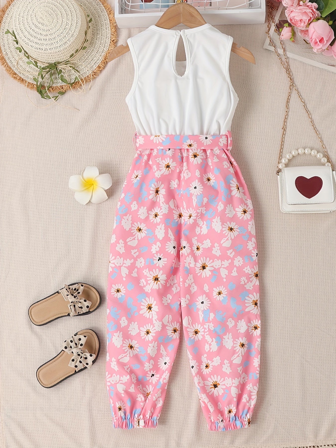 Girls Floral Heart Pattern Belted Jumpsuit Kids Casual Summer Outfit