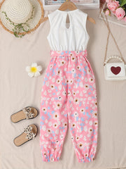 Girls Floral Heart Pattern Belted Jumpsuit Kids Casual Summer Outfit