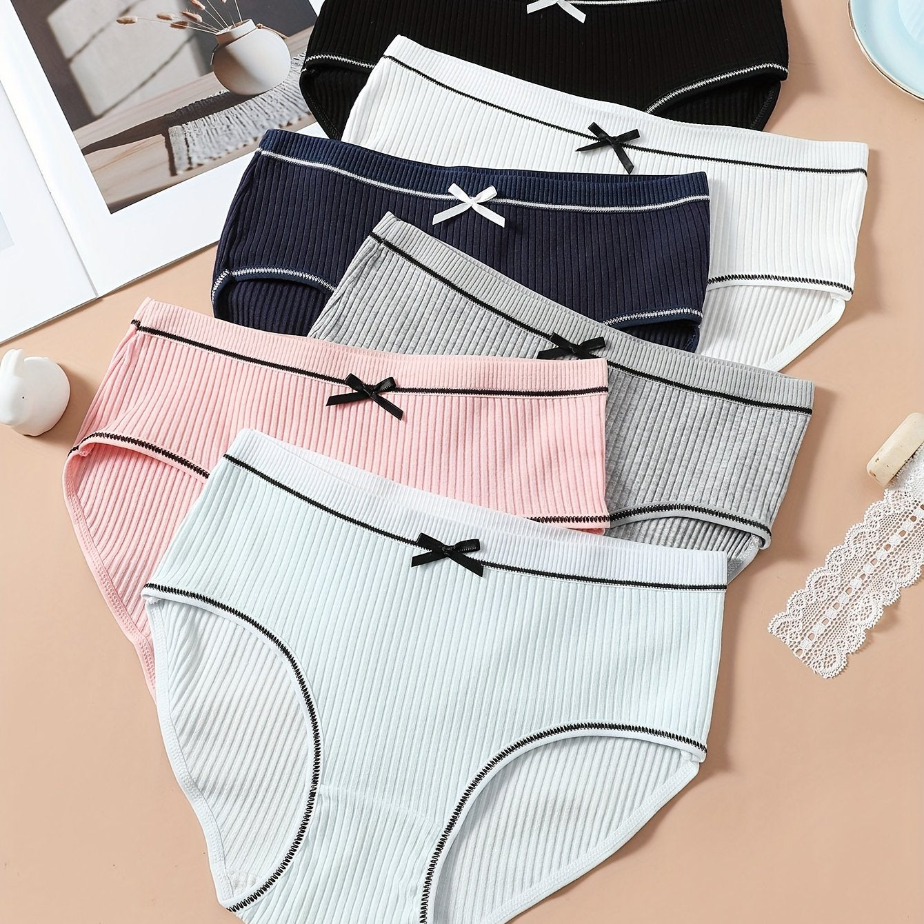6pcs Solid Ribbed Hipster Panties Stretchy Intimates Women's Lingerie