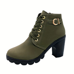 Women's Chunky Heeled Short Boots Lace Up Solid Ankle Boots