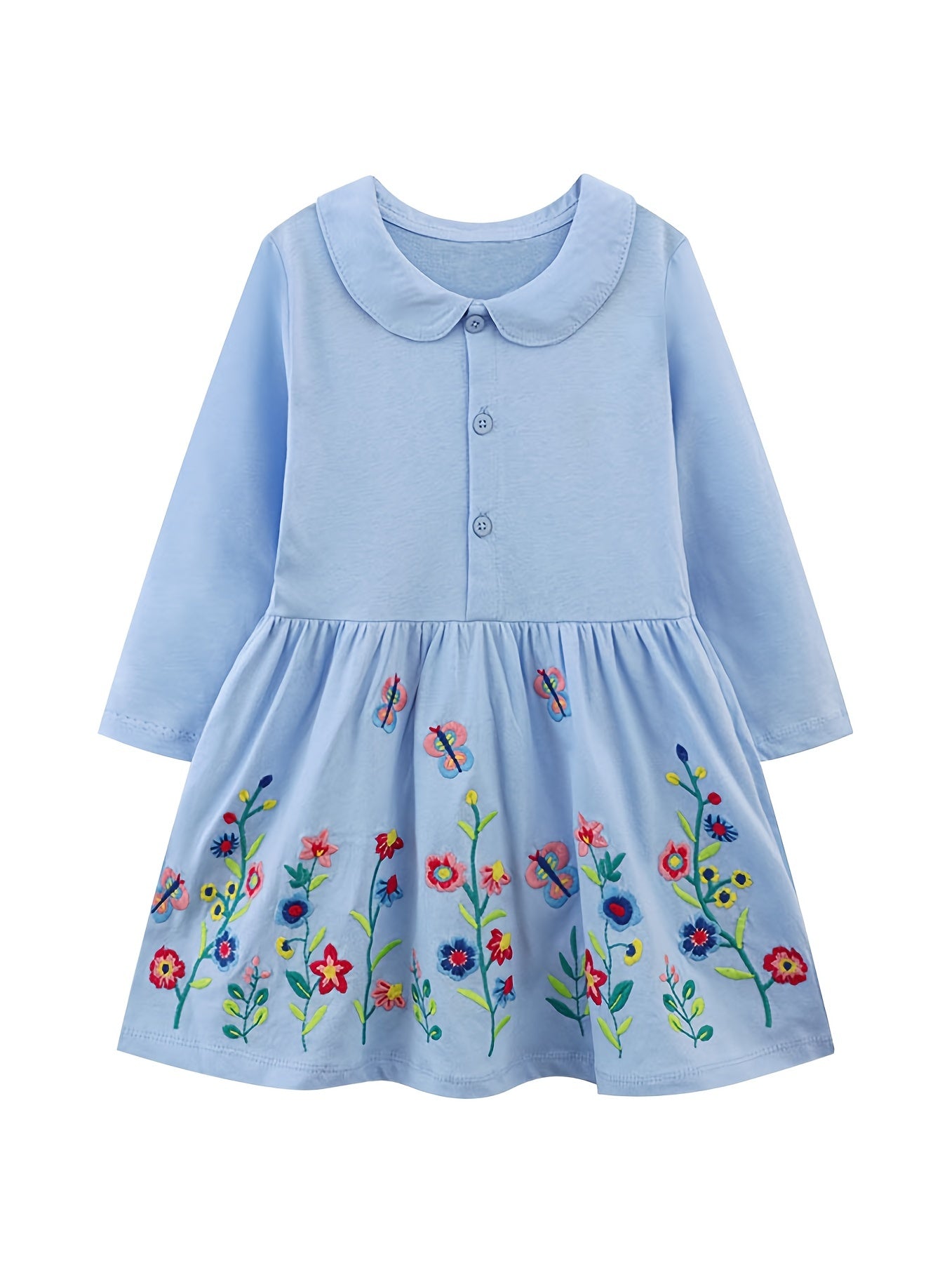 Girls Cotton Collared Dresses w/ Flowers Embroidery, Autumn Comfy