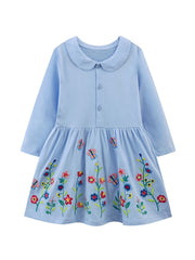 Girls Cotton Collared Dresses w/ Flowers Embroidery, Autumn Comfy