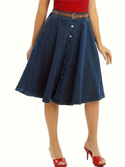 Retro Denim Skirt Button Front High Waist Midi Skirt With Pockets