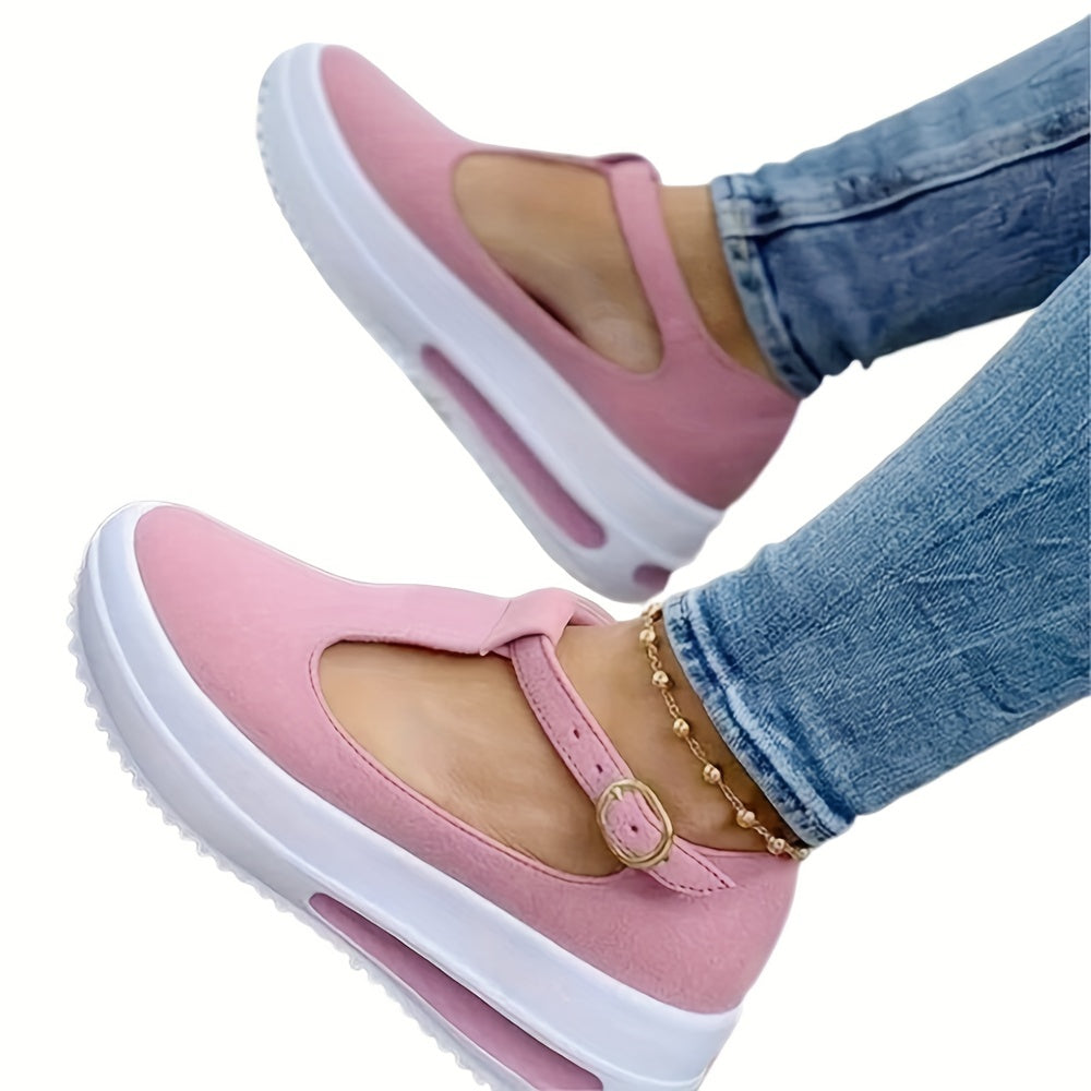 Women's T-Strap Wedge Shoes - Casual & Comfortable Platform Sneakers