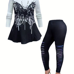 Gothic Outfit Set Women's Butterfly Print Tee & Leggings 2-Piece Set