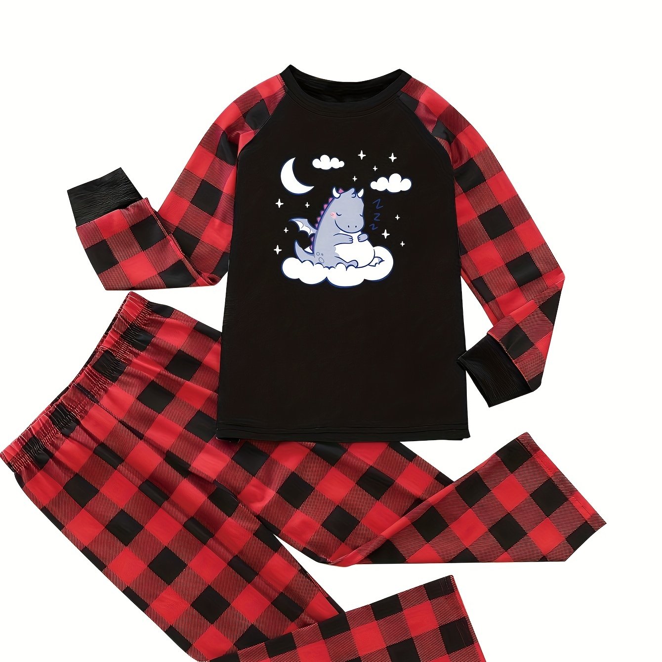 Plaid & Dino Print Round Neck Tee & Pants Lounge Set