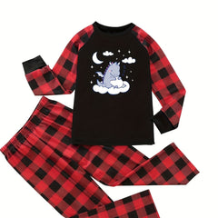 Plaid & Dino Print Round Neck Tee & Pants Lounge Set