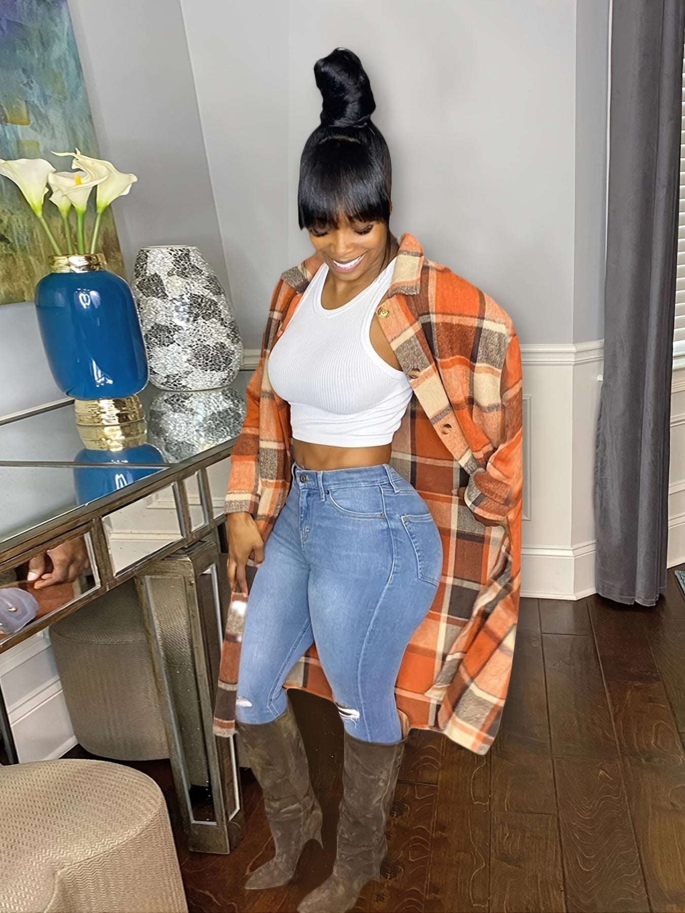 Oversized Plaid Shirt Jacket Long Sleeve Button Up Casual Shacket
