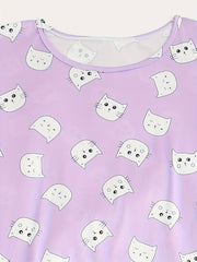 Cat Print Pajama Set Round Neck Top & Pants