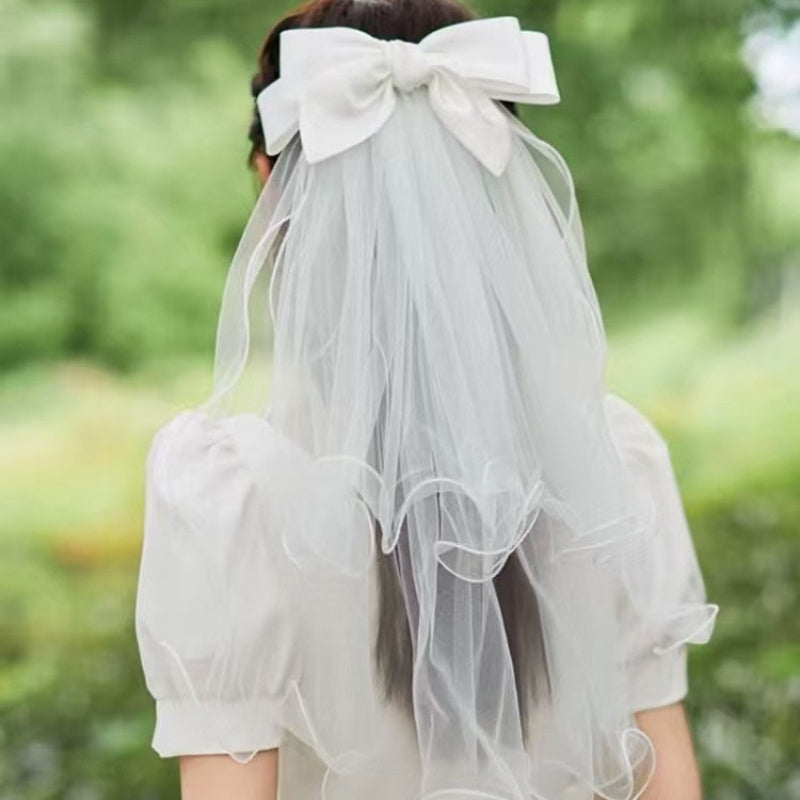 Tulle Bridal Veil Headpiece with Bow Wedding Hair Accessory