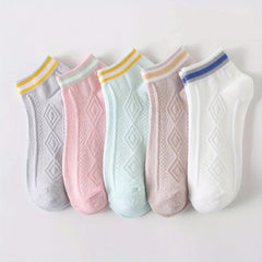 5 Pairs Colorblock Short Socks Soft & Light Ankle Argyle Stockings
