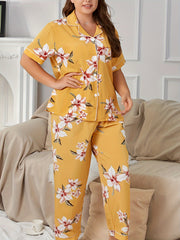 Floral Print Pajamas Set Short Sleeve Button Up Shirt & Pants