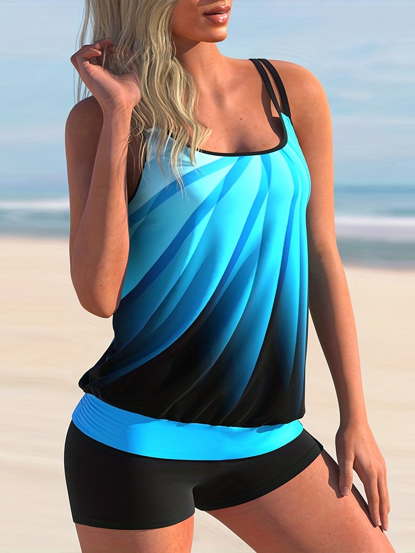 Ombre Tankini Set Crew Neck Split Strap Cami Dress & Shorts Two Piece