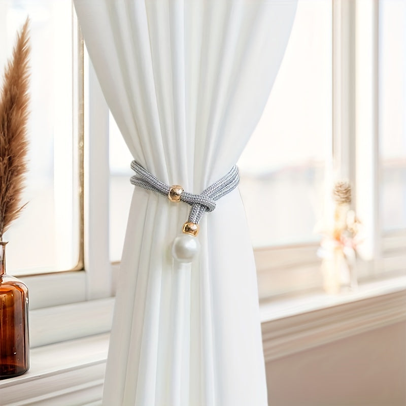 Adjustable Curtain Tiebacks with Faux Pearls - Home Office Window Decor