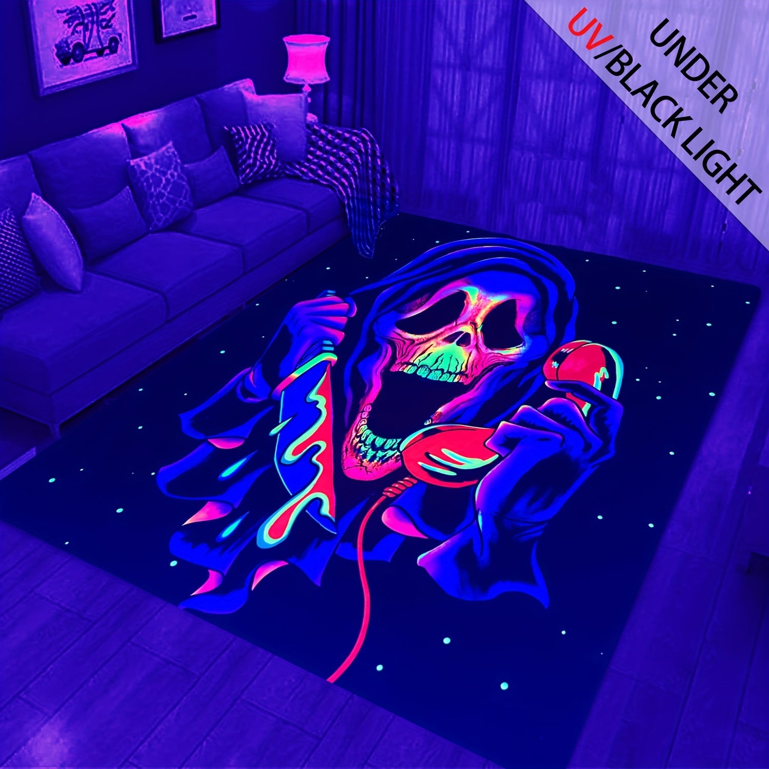 UV Light Flannel Luminous Rug Skull Pattern Non Slip Mat Bedroom Living Room