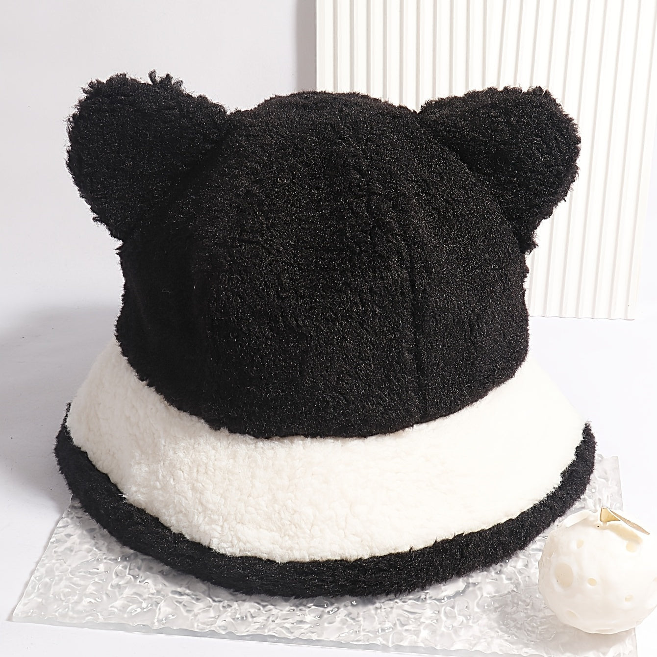 Women's Winter Furry Bucket Hat with Panda Bear Stitching